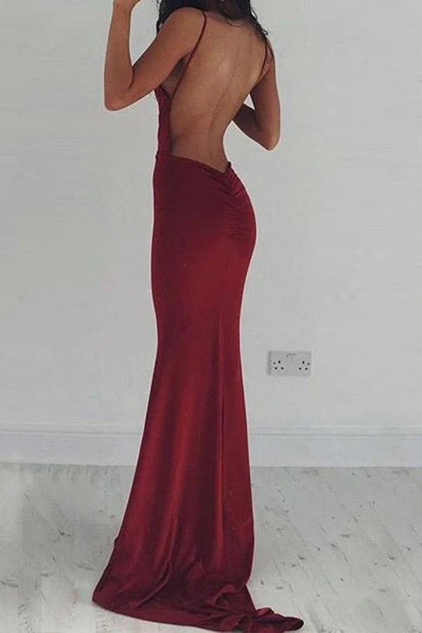 Robe de bal longue bordeaux à col en V profond et dos nu